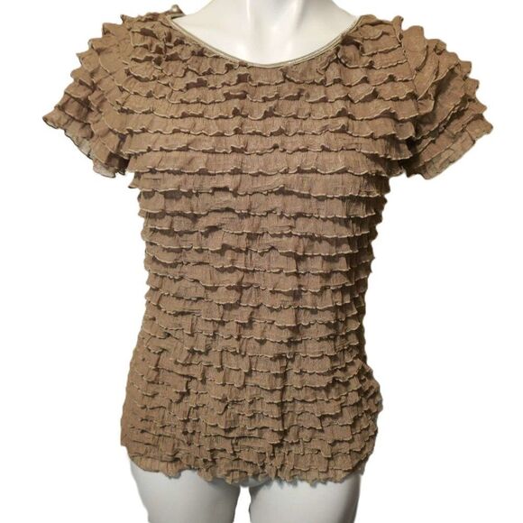 JTB ruffled women's blouse Layers of ruffles Tan beige sand khaki short sleeves - Picture 1 of 12